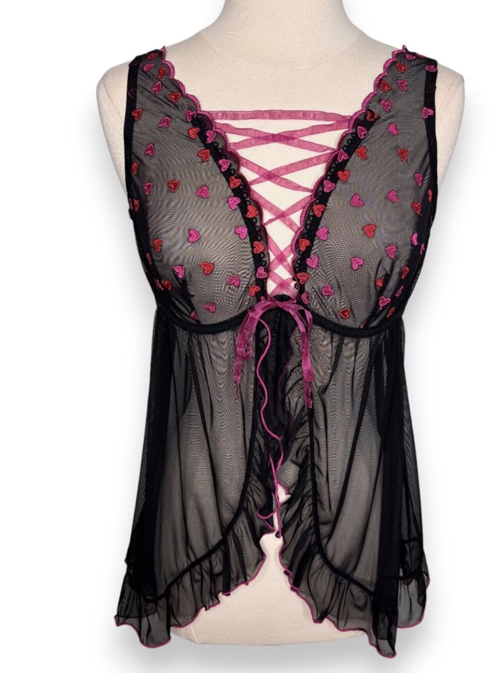 Dreamgirl Black Sheer Mesh Open Babydoll Pink Embroidered Hearts Lingerie Size L